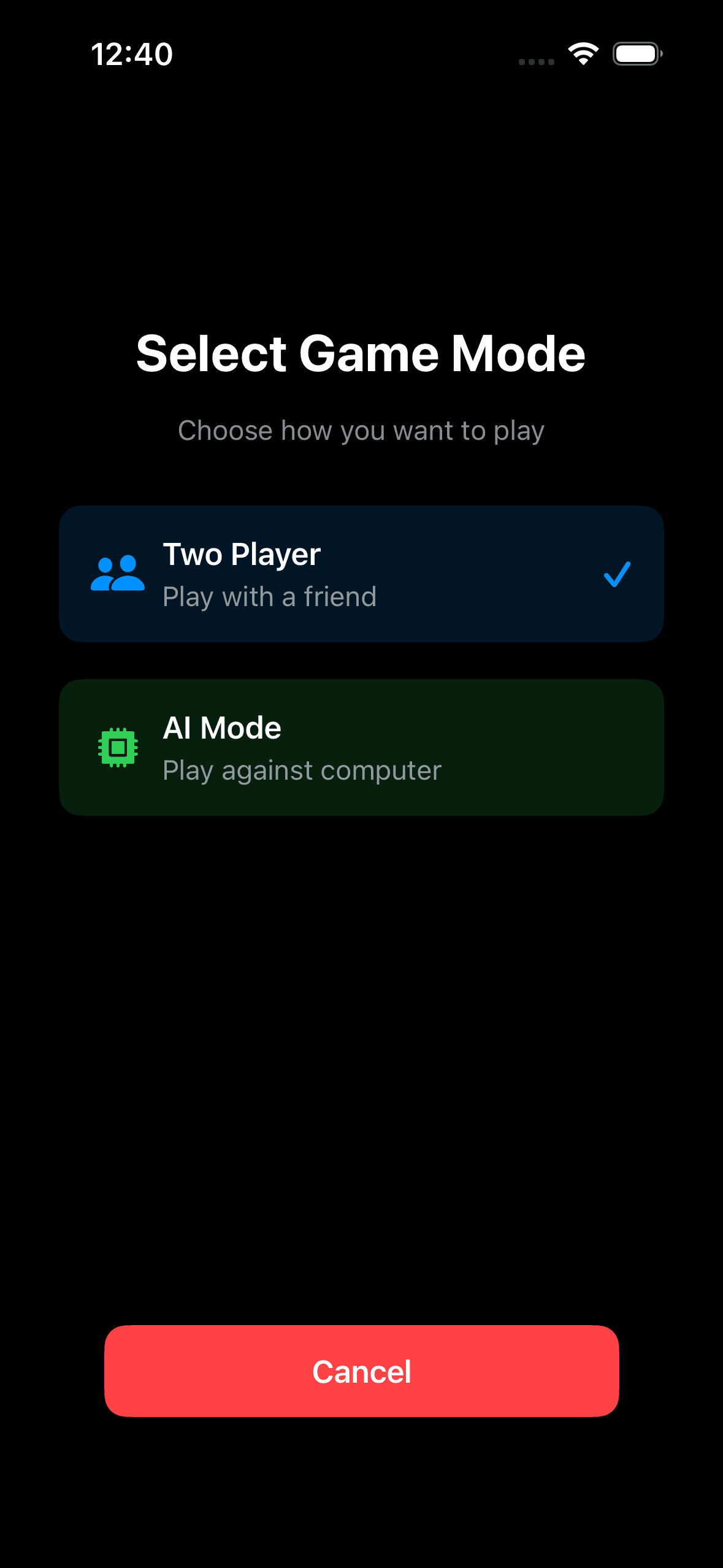 Game screenshot showing switch game mode menu